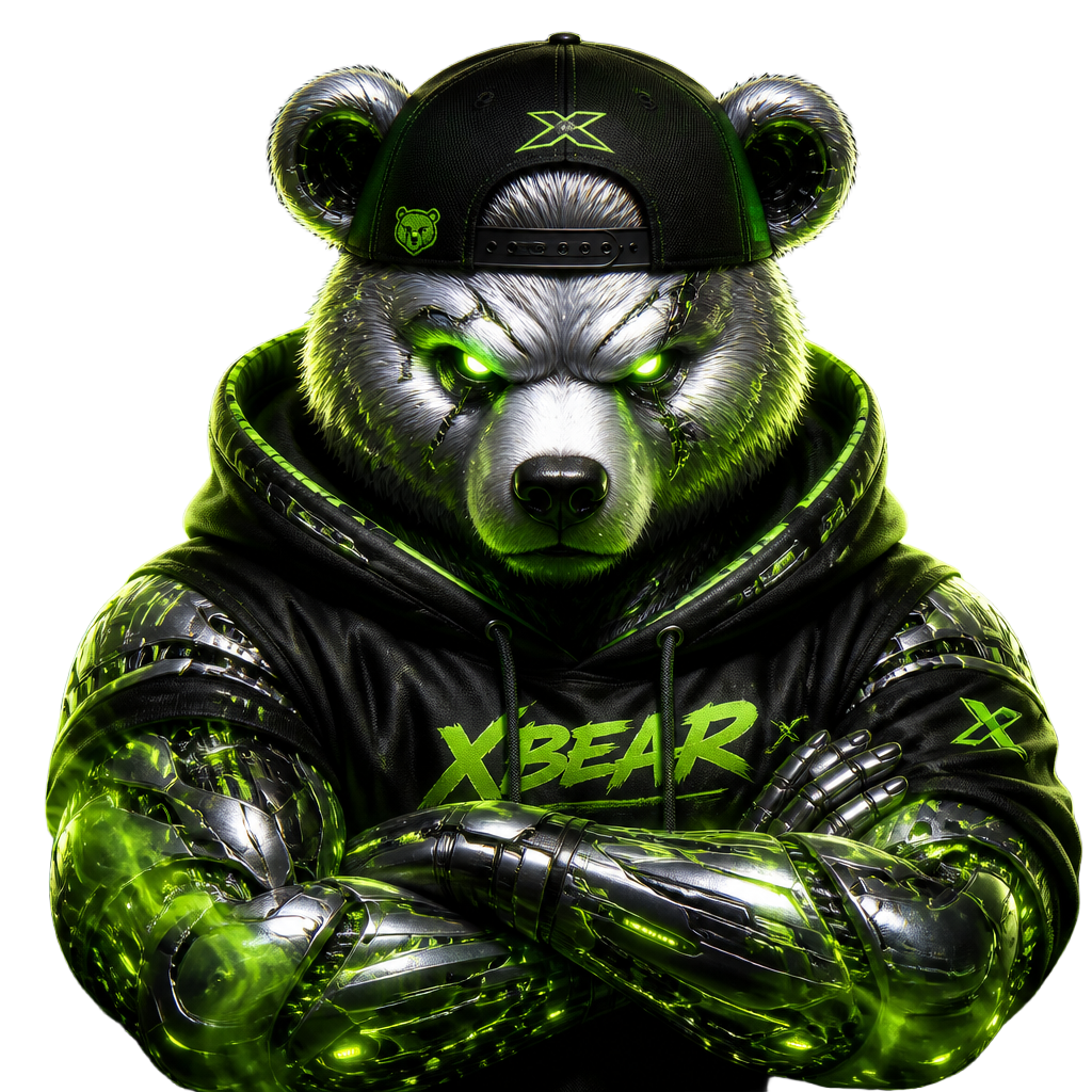 Mascote BOSS, urso cibernético com energia verde neon